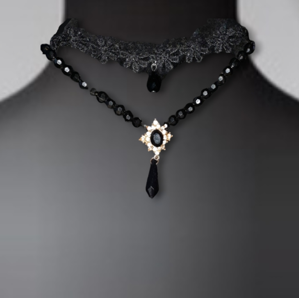 Set of 2 black noir style Choker necklaces with faceted black beads